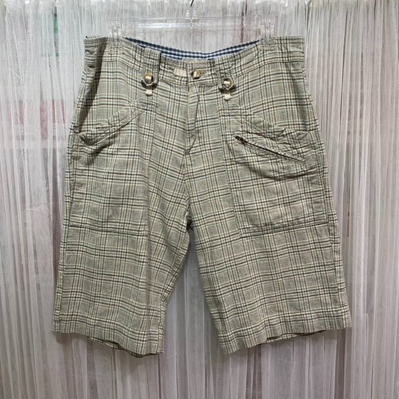 Brown Sound Plaid Linen Shorts Men's Size 32 Zip Pockets Summer - Picture 1 of 13